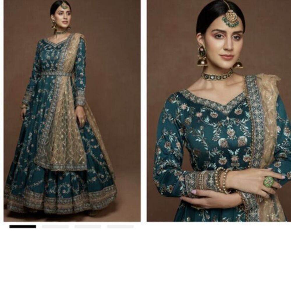 Teal Heavy Embroidered Silk Anarkali maxi Bollywood Dress